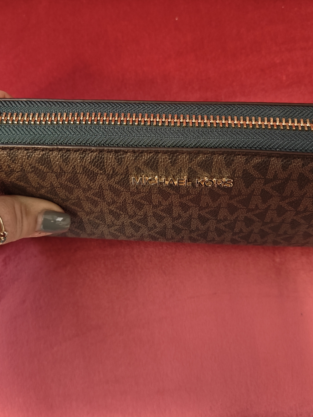 Michael Kors Brown With Green Trim Monogram Zip Wallet with Gold Hardware